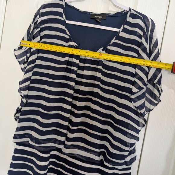Style & Co Woman 1X Navy White Striped Layered Blouse Flutter Sleeve Chiffon Ove - Picture 4 of 5